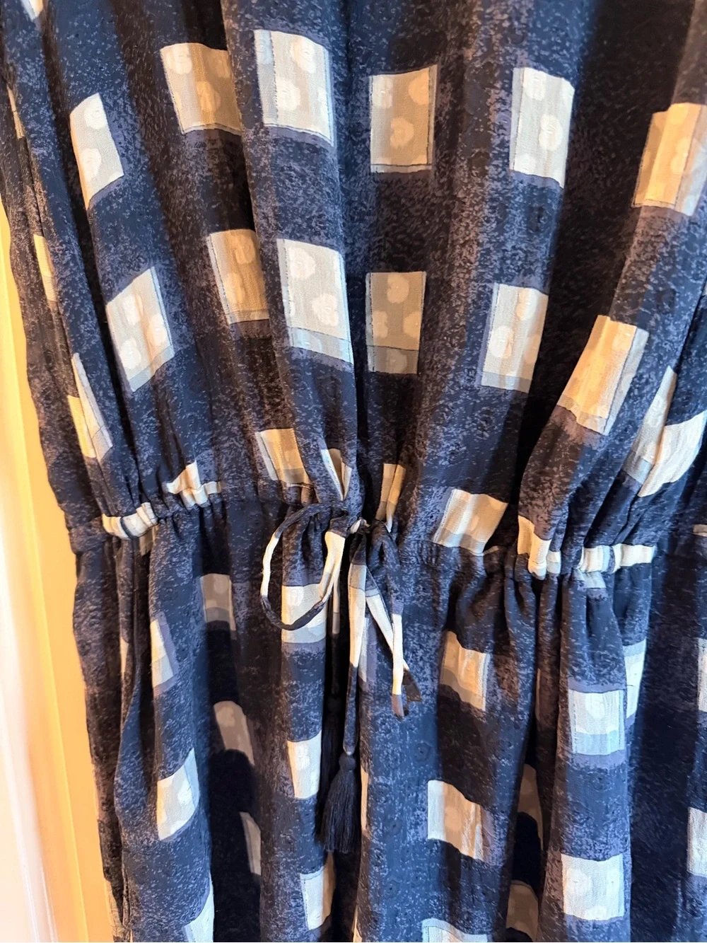 Tory Burch Navy and White Checked Drawstring Waist Dress